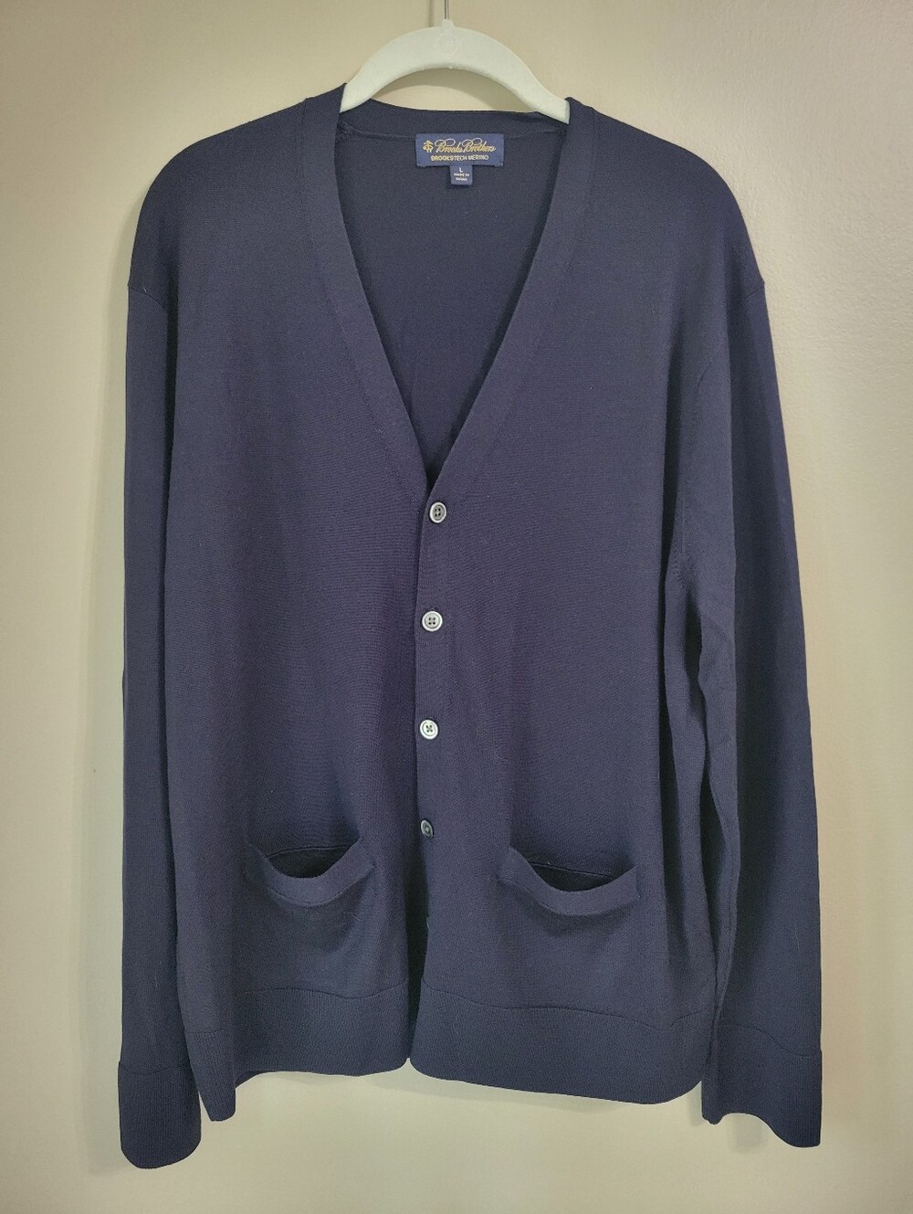 Brooks Brothers BrookTech Merino Wool Navy V-Neck Button Cardigan Size Large